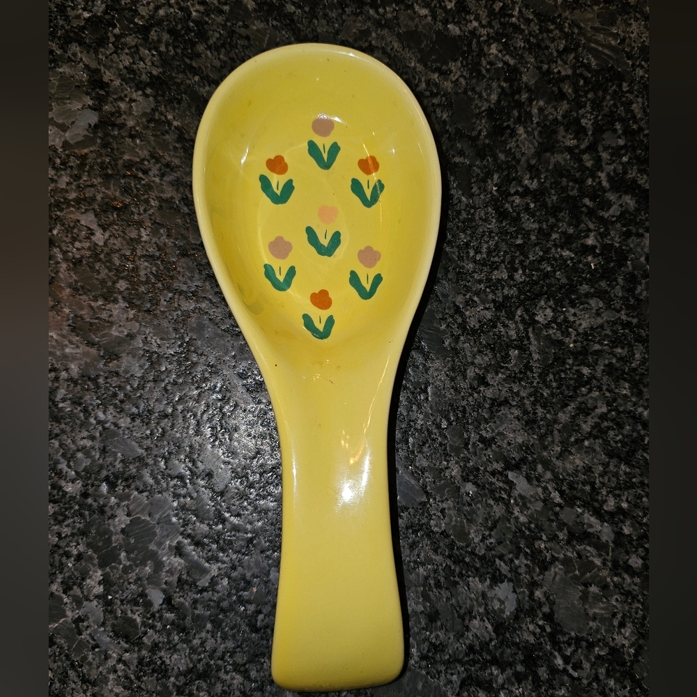 Enesco Yellow Floral Tulip Spoon Rest 1985 Korea‎ Boho Bohemian Bold Bright Vtg